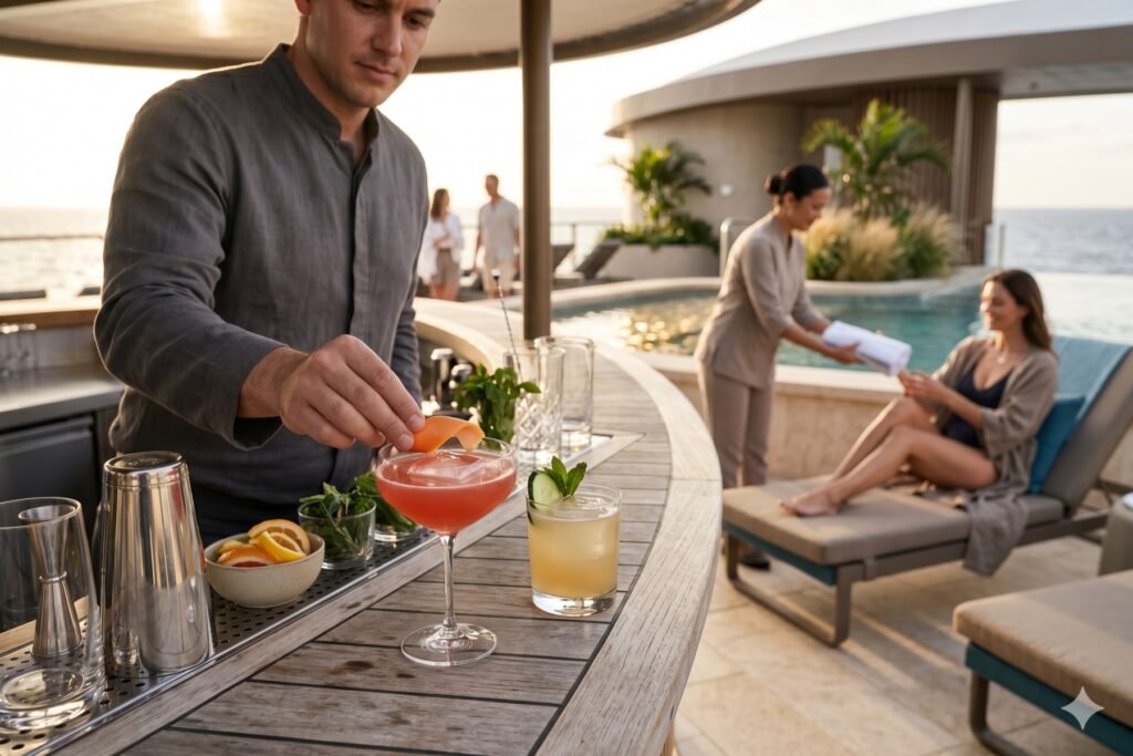 AI-gegenereerde sfeerillustratie van cocktailservice en persoonlijke aandacht bij het zwembad.