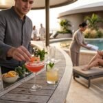 AI-gegenereerde sfeerillustratie van cocktailservice en persoonlijke aandacht bij het zwembad.