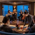 AI-gegenereerde sfeerillustratie van loungeservice tijdens een optreden van een strijkkwartet.