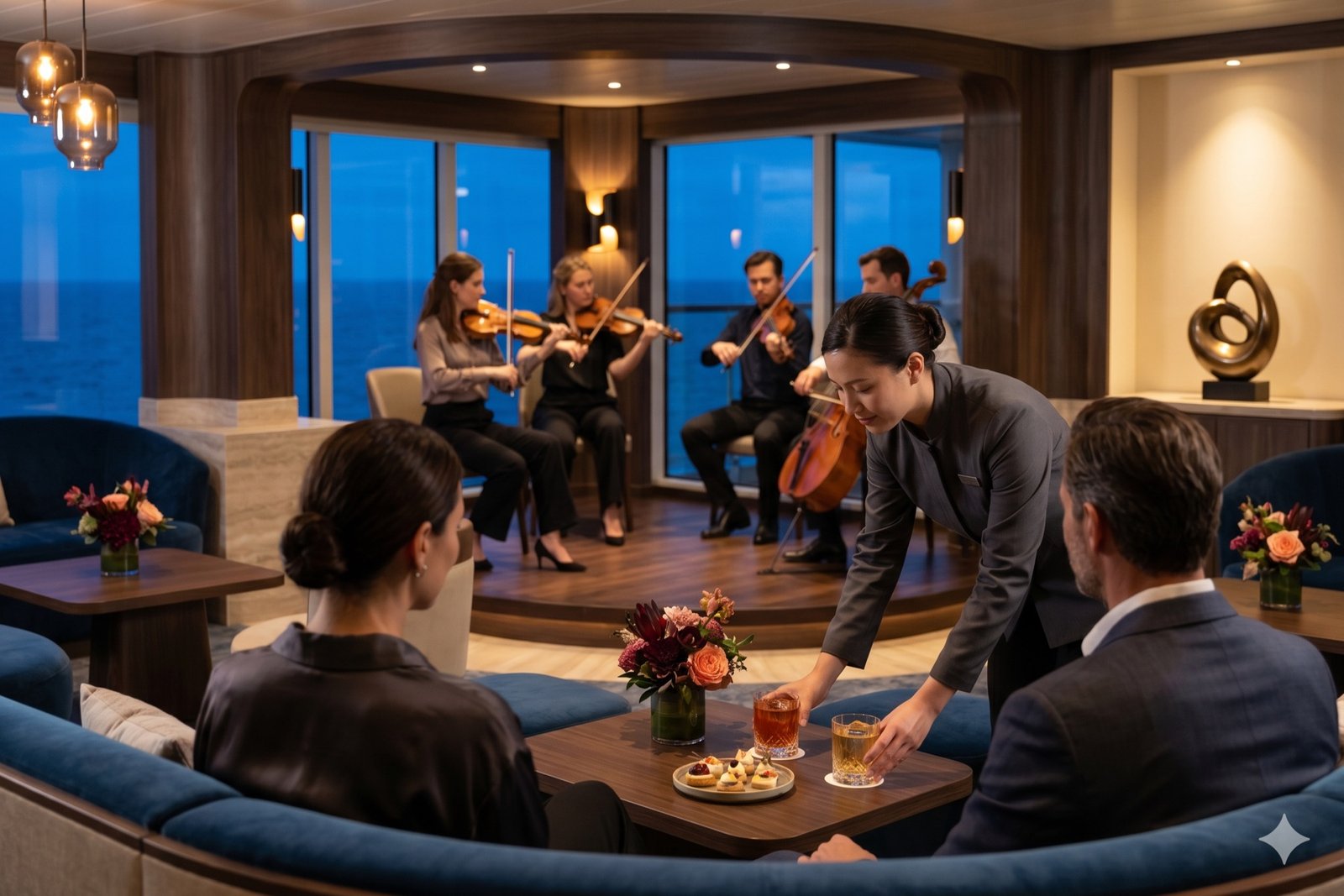 AI-gegenereerde sfeerillustratie van loungeservice tijdens een optreden van een strijkkwartet.