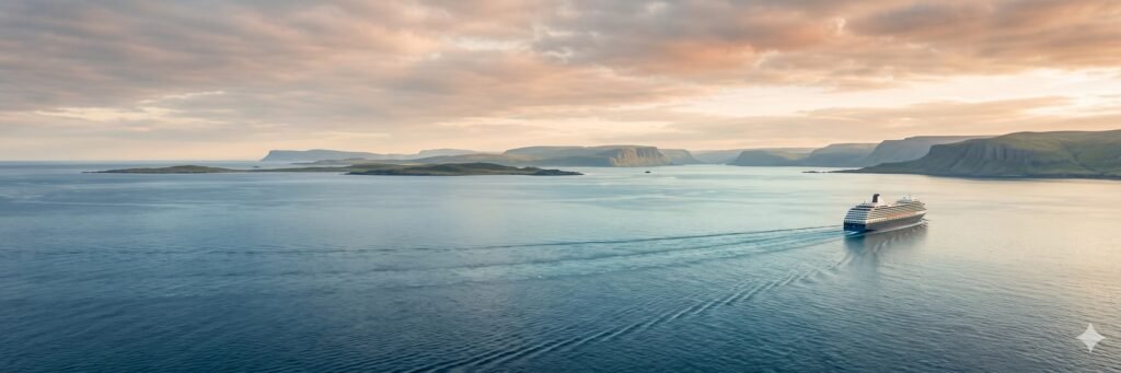 AI-gegenereerde sfeerillustratie van een cruiseschip tijdens een rustige kustpassage.