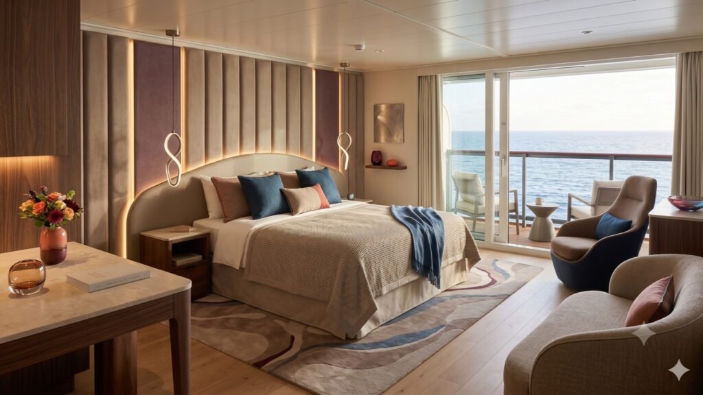 AI-gegenereerde sfeerillustratie van een moderne cruisesuite met balkon en oceaanzicht.