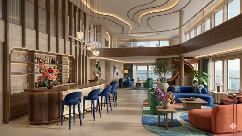 AI-gegenereerde sfeerillustratie van een eigentijds atrium met lobbybar aan boord.