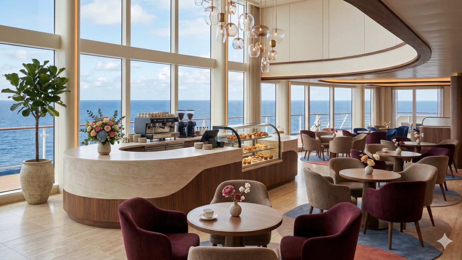 AI-gegenereerde sfeerillustratie van een modern scheepscafé met uitzicht op zee.