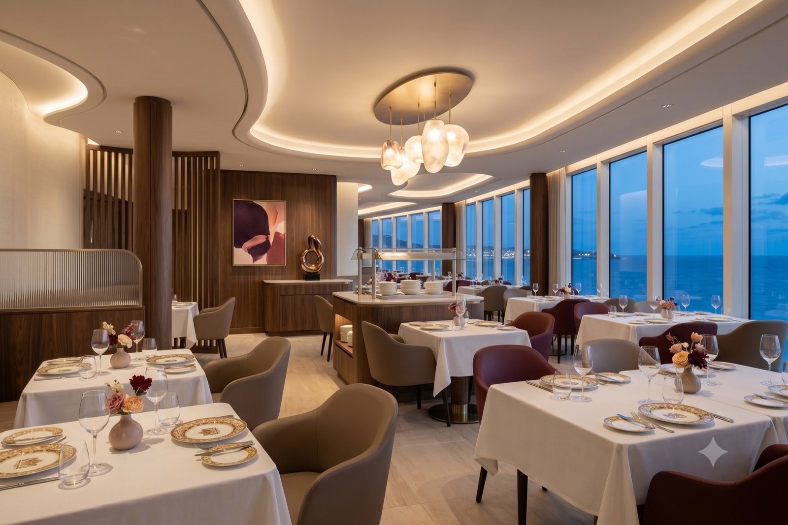 AI-gegenereerde sfeerillustratie van een eigentijds restaurant aan boord.